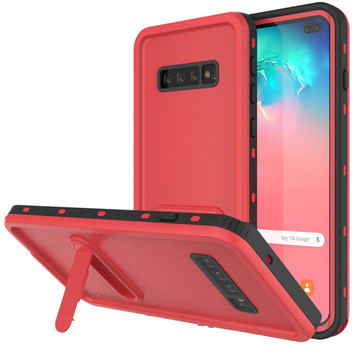 Galaxy S10+ Plus Waterproof Case, Punkcase [KickStud Series] Armor Cover [Red] (Color in image: Red)