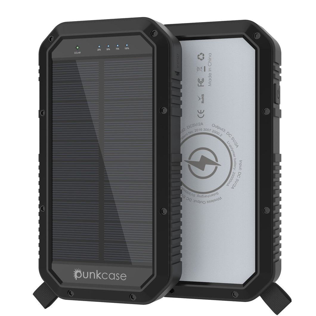 PunkCase Solar Wireless PowerBank 20000mah Battery Pack for iPhone X/XS/Max/XR / 11/10, iPad, Samsung Galaxy S10 / S9 and Many More [Black] (Color in image: Black)