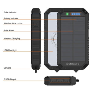 PunkCase Solar Wireless PowerBank 20000mah Battery Pack for iPhone X/XS/Max/XR / 11/10, iPad, Samsung Galaxy S10 / S9 and Many More [Black] 