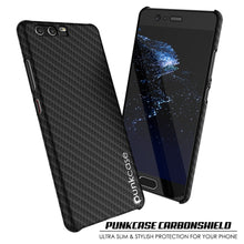 Load image into Gallery viewer, Huawei P10 Case, Punkcase CarbonShield, Heavy Duty &amp; Ultra Thin 2 Piece Dual Layer PU Leather Cover [shockproof] [non slip] with Tempered Glass Screen Protector for Huawei P10 [Jet Black] 
