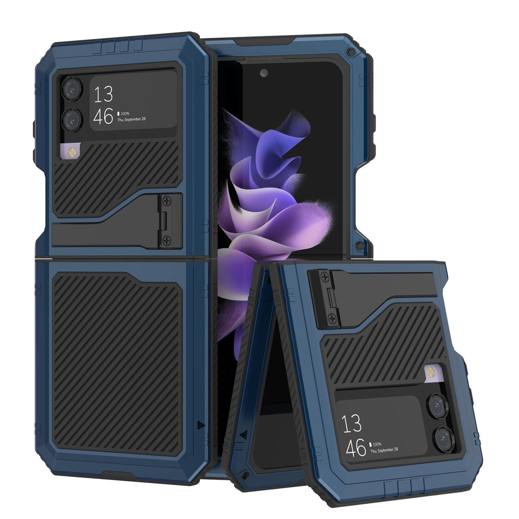 Coque en métal Galaxy Z Flip4, étui robuste en armure de qualité militaire, couverture intégrale rigide [bleu].