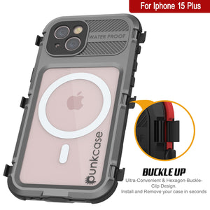 Coque étanche en aluminium de la série iPhone 15 Plus Metal Extreme 2.0, avec protection intégrée d'écran IP68 [Argent].