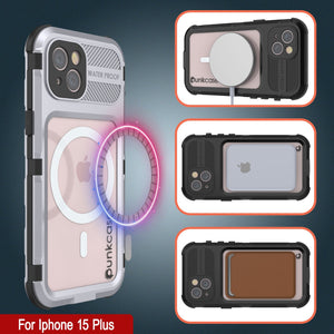 Boîtier étanche en aluminium de la série iPhone 15 Plus Metal Extreme 2.0, avec protection d'écran intégrée, IP68, couleur blanche.