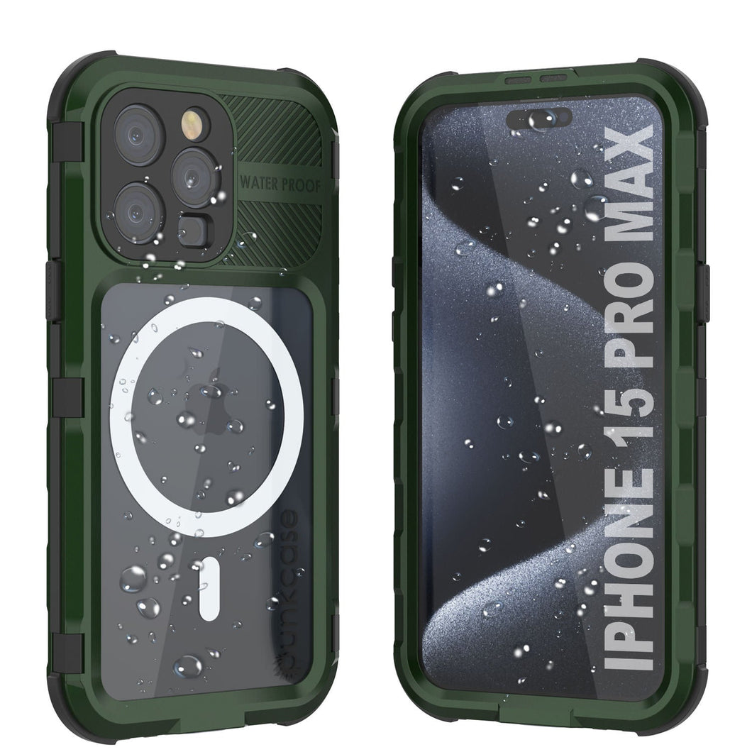 Coque étanche en aluminium de la série iPhone 15 Pro Max Metal Extreme 2.0 IP68 avec protecteur d'écran intégré [Vert foncé]