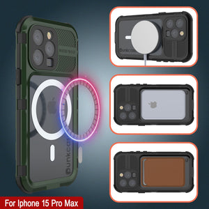 Coque étanche en aluminium de la série iPhone 15 Pro Max Metal Extreme 2.0 IP68 avec protecteur d'écran intégré [Vert foncé]