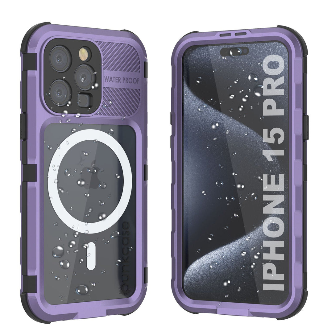 Coque étanche en aluminium de la série Metal Extreme 2.0 pour iPhone 15 Pro avec protecteur d'écran intégré, couleur violette. IP68.