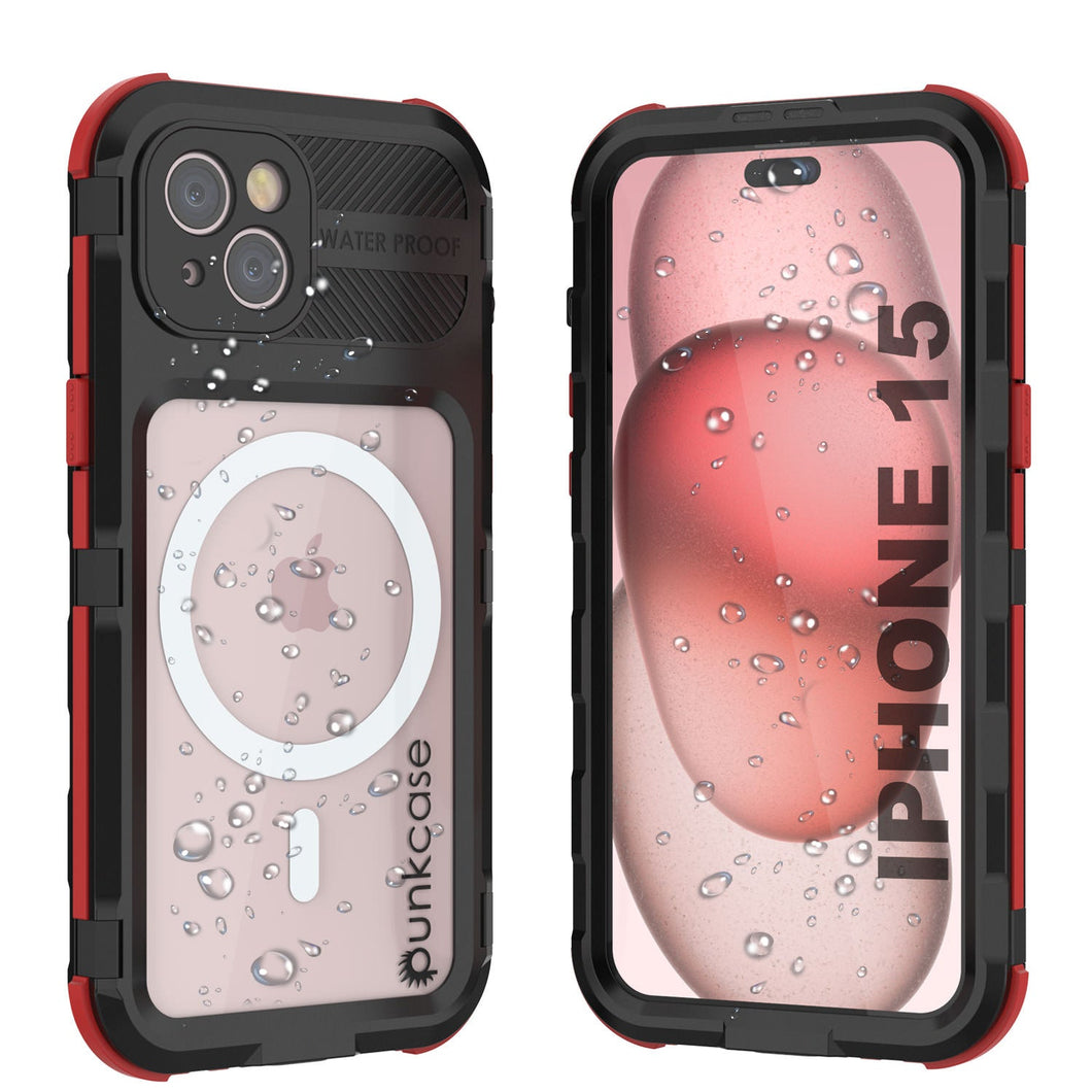 iPhone 15 Série Metal Extreme 2.0 Boîtier en Aluminium Étanche IP68 avec Protecteur d'Écran Intégré [Noir-Rouge]