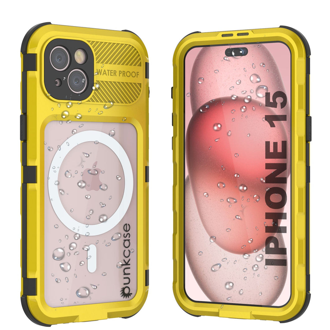 Coque étanche en aluminium de la série iPhone 15 Metal Extreme 2.0 avec protecteur d'écran intégré, de couleur jaune. IP68.