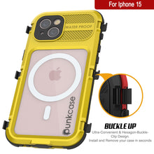 Load image into Gallery viewer, Coque étanche en aluminium de la série iPhone 15 Metal Extreme 2.0 avec protecteur d&#39;écran intégré, de couleur jaune. IP68.
